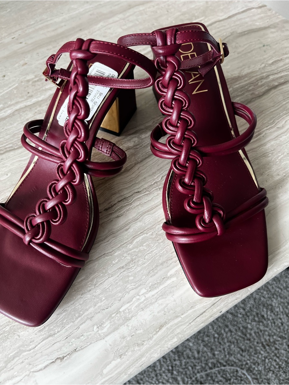 Braided Strap Block Heel Sandals in Burgundy